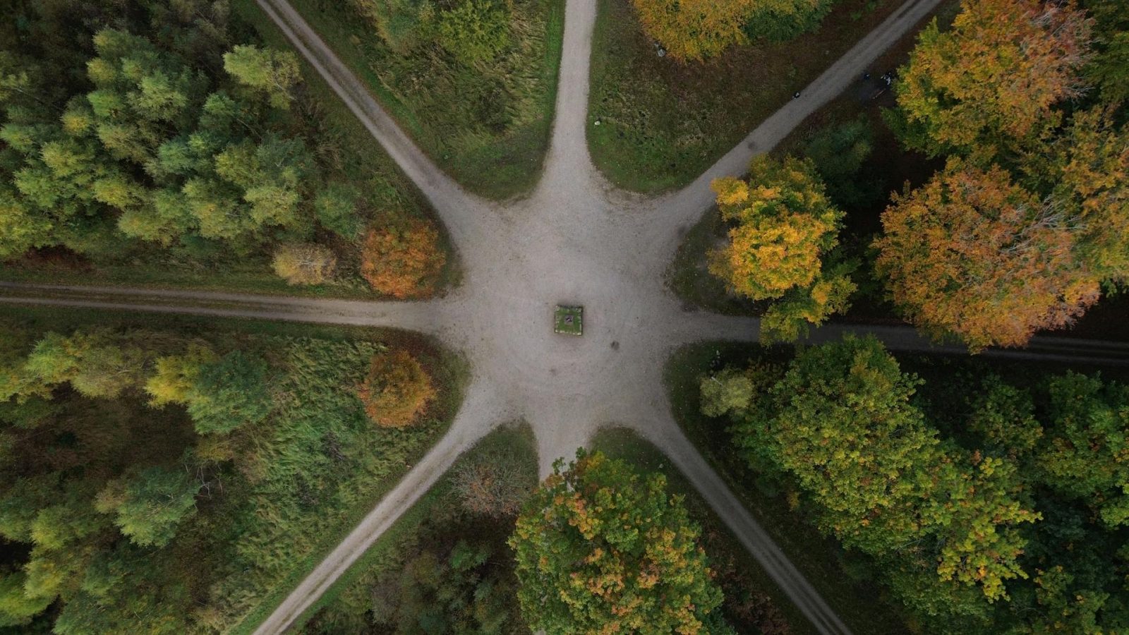 pexels-benjamin-eriksen-916270671-32600358 Overhead view of multiple dirt paths converging in a central clearing surrounded by trees with green and autumn foliage, symbolizing different routes or decisions.