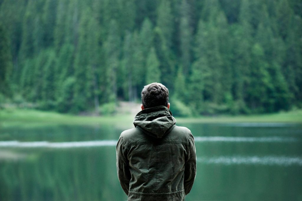 Back view of an individual facing a tranquil landscape of trees and water, symbolizing a journey towards healing or a moment of reflection amidst ADHD and anxiety.