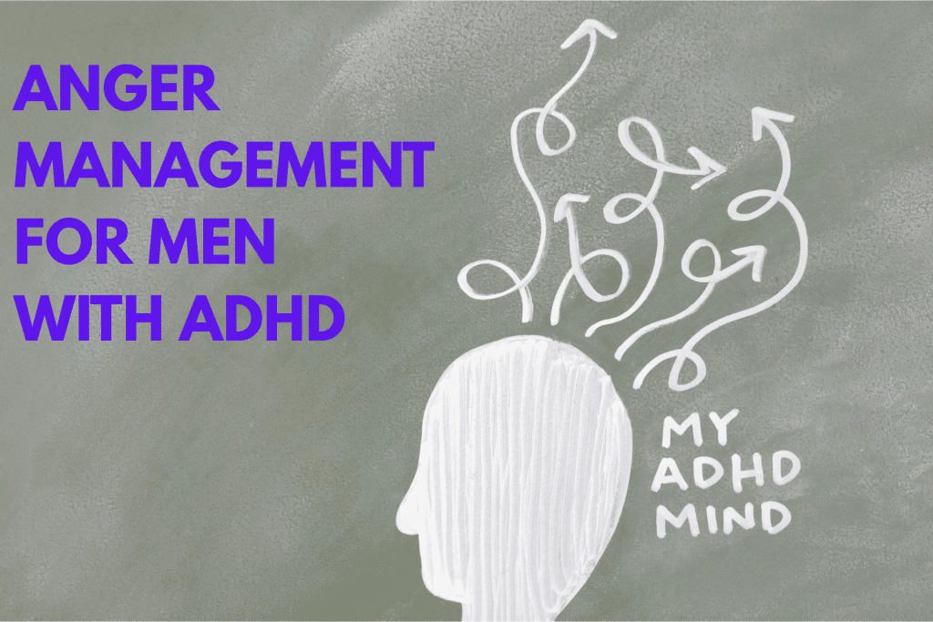 A stylized chalk drawing on a gray background, featuring a white outline of a head with a jumble of tangled arrows and thought bubbles above it, labeled "MY ADHD MIND." The text "ANGER MANAGEMENT FOR MEN WITH ADHD" is in large purple letters to the left.